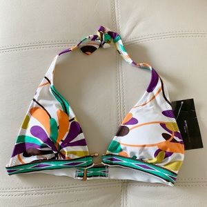 BCBG BIKINI TOP TRIANGLE GOLD RING HOOK FLORAL